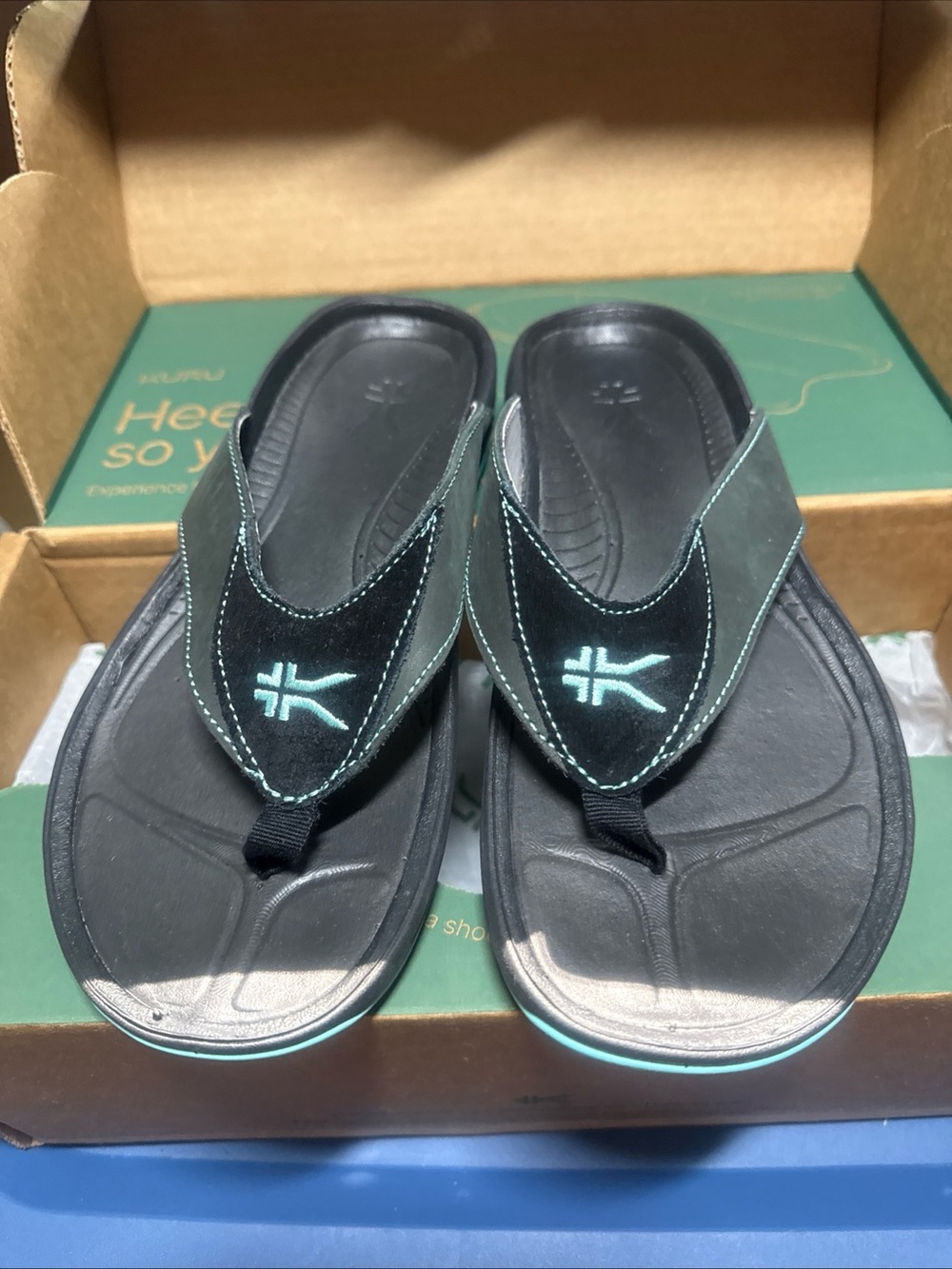 KURU Black Flip-Flop Sandals with Teal Accent